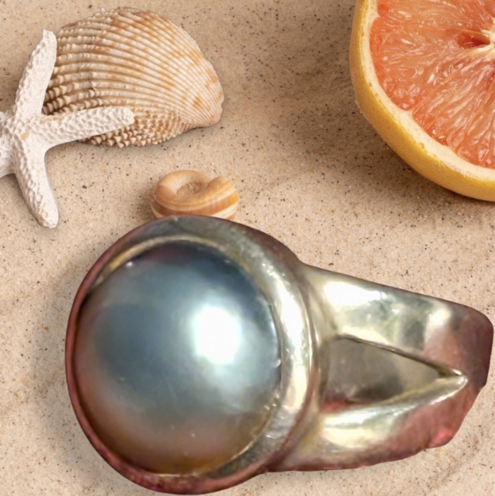 Silver Blue Pearl Statement Ring - image 2
